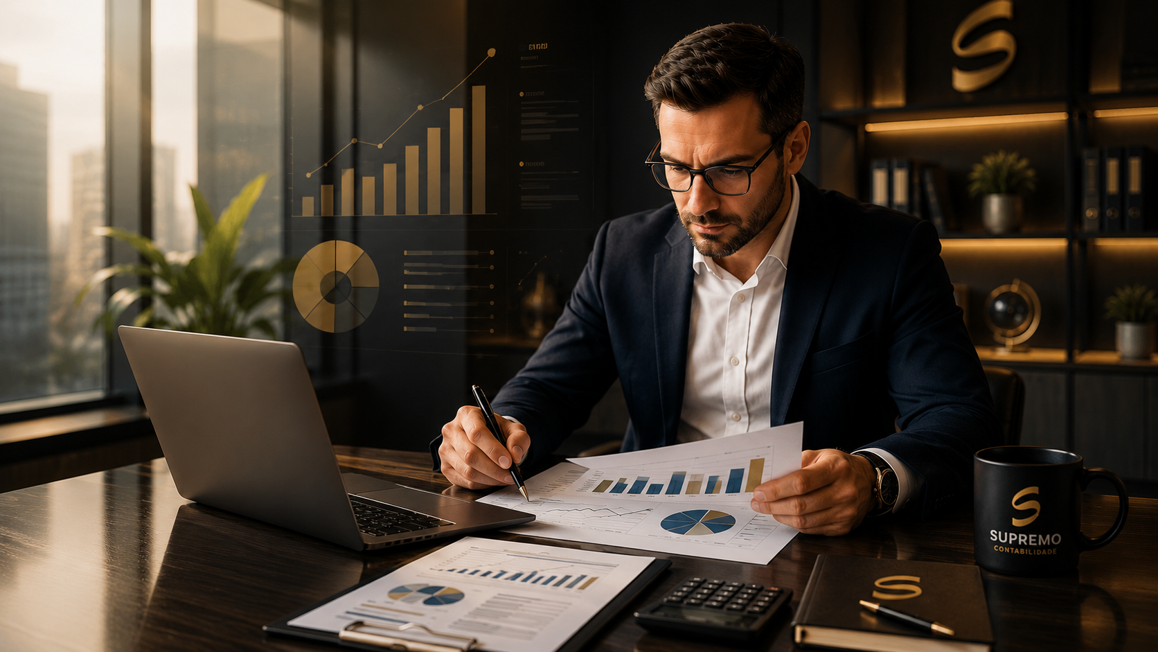Empresário analisando gráficos contábeis